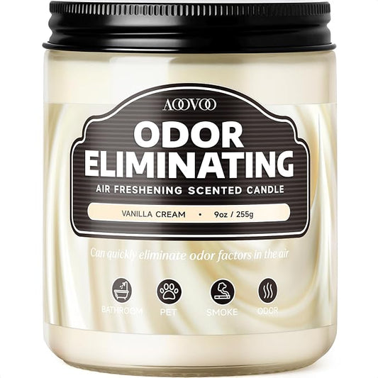 AOOVOO Vanilla Cream Odor Eliminating Highly Fragranced Candle - Eliminates 95% of Pet, Smoke, Food, and Other Smells Quickly, Non Toxic Air Freshing Soy Candle, Up to 50 Hours Burn time