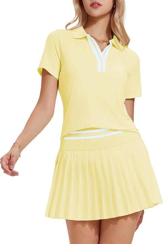 Tennis Skirt Set for Women Color Block V Neck Golf Pickleball Outfits Pleated Athletic Two Piece Skirts Sets