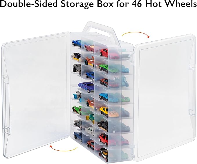 Double Sided Toy Car Storage Case for 48 Toy Cars, Matchbox Cars, Mini Toys, Small Dolls, Portable Storage Case for Toy Cars, Matchbox Cars with 46 Slots, Case Only (Transparent-2 Pack)