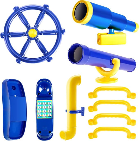 Deekin 9 Pcs Playground Accessories Swing Set Pirate Playground Equipment Set Include Plastic Wheel, Telescope, Periscope, Telephone, Safety Handle Bars for Outdoor Playhouse(Yellow, Blue)