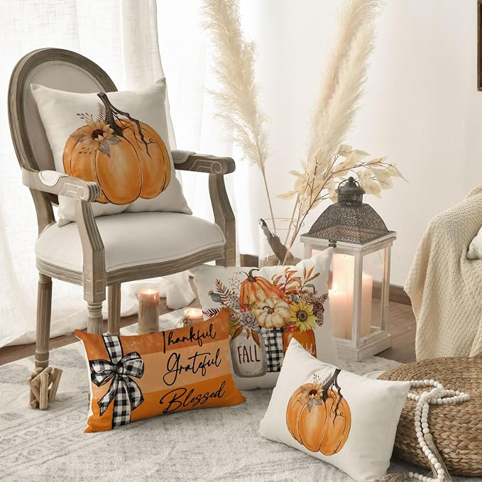 AVOIN colorlife Fall Pumpkin Home Sweet Home Throw Pillow Covers, 12 x 20 Inch Autumn Thankful Grateful Blessed Harvest Floral Orange Decorations for Sofa Couch Set of 4
