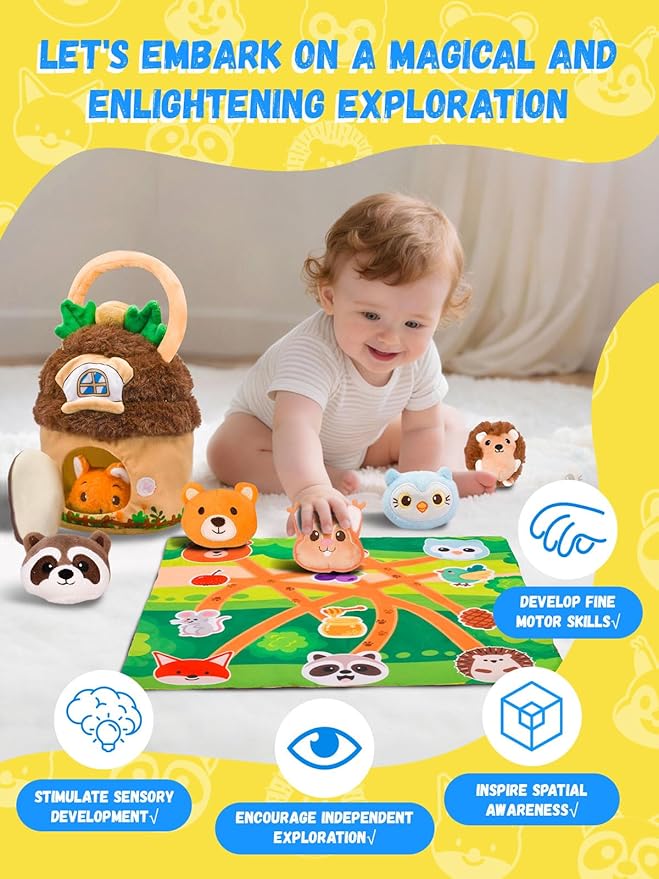 Baby Toys 6-12 Months Forest Farm Animal Stuffed House Set with Map Hazelnut Stuffed Farm Animals Rattle Squeaker Montessori Toys for Babies Sensory Infant Toy Toddler Gift 1-3 Year Old