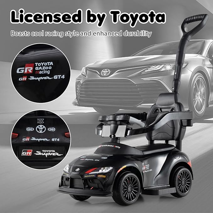 Costzon Push Car for Toddlers, 3 in 1 Toyota Licensed Stroller Sliding Walking Car w/Handle, Music, Safety Guardrail, Under-Seat Storage, Foot-to-Floor Kids Ride On Toys for Boys Girls (Black)
