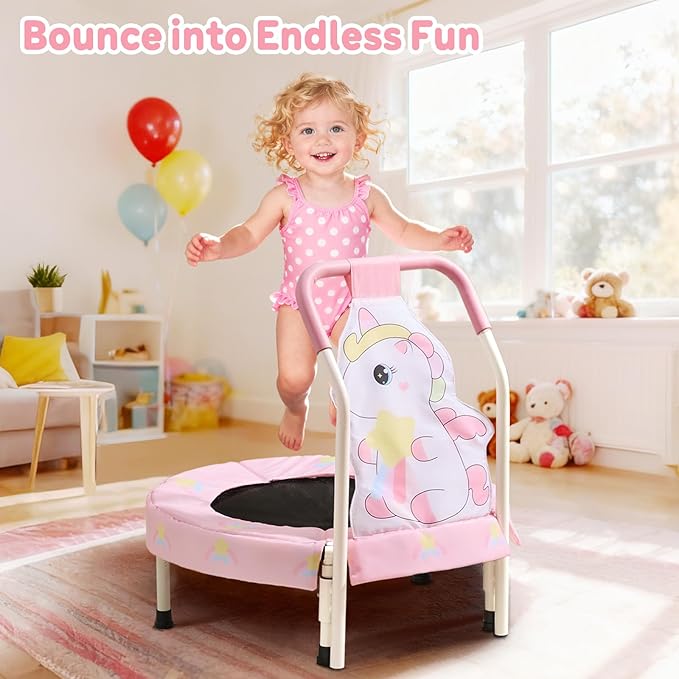 FUNLIO 27" Unicorn Mini Trampoline for Toddlers, Small Trampoline with Safety Handle, Rainbow Fairy Unicorn Jumping Toy for Younger Kids, Foldable & Portable for Indoor/Outdoor Fun, CPC&CE Certified