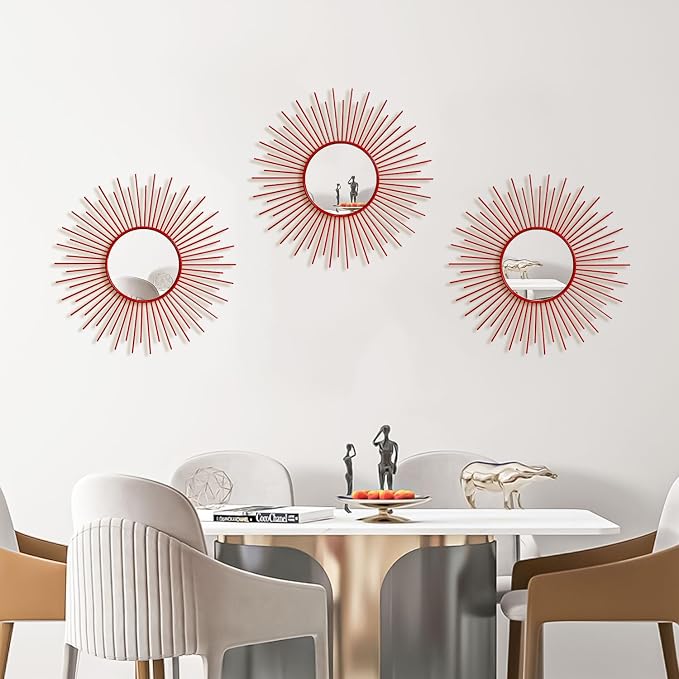 3 Pack Metal Mirrors for Wall Sunburst Wall Mirrors Home Décor Decorative Hanging Wall Art for Living Room Bedroom Entryway (Red, Sunburst)