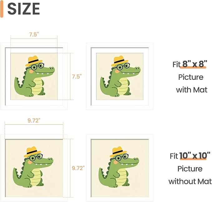 upsimples 10x10 Picture Frame, Display Pictures 8x8 with Mat or 10 x 10 Without, Wall Hanging Square Frames, White, 1 Pack