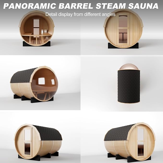 Outdoor Wooden Panoramic Barrel Sauna, 6-8 Person Sauna Room, 220V，6kw Toule Electric Heater with Sauna Stone, Canadian Helmock, Asphalt Shingle Roof (Helmock)