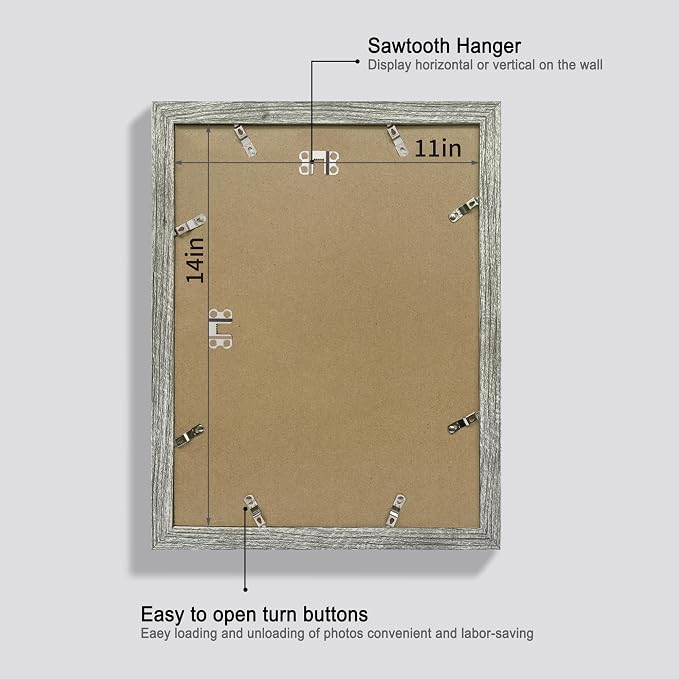 Hongkee 11x14 Picture Frame Set of 4, Made of Real Glass and Grey Wooden Frame, Display 8x10 Pictures with Mat or 11 x 14 Posters without Mat for Wall Mounting, Gallery Photo Frames
