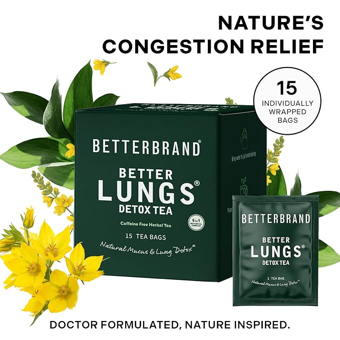 Betterbrand Mullein Tea Bags for Lung Detox - Respiratory Support with Thyme, Elderberry, Ginseng, Ginger, Caffeine Free Herbal Blend - 15 Tea Bags (Pack of 1)