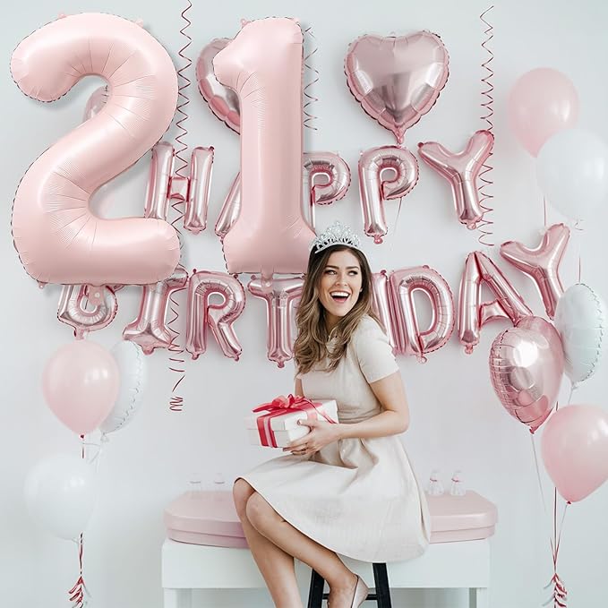 Big Number 21 Balloons, Dusty Light Blush Pink Foil 21 Balloon Numbers 40 Inch, Giant 21st Birthday Party Decor, Pastel Baby Pink Mylar Helium Self Inflating Balloon for Women Anniversary Decorations