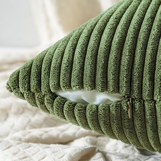 MIULEE Lumbar Corduroy Throw Pillow Covers Set of 2 12x20 Moss Green | Decorative Soft Striped Textured Cushion Cases, Boho Pillowcases for Home Decor, for Couch Chair Sofa Bed Living Room