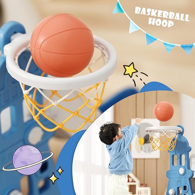 XJD 5-in-1 Toddler Slide and Swing Set, Kids Slide for Toddlers Age 1+, Toddler Outdoor Playset with Basketball Hoop, Swing, Outdoor Indoor Playground for Toddlers 1-3 (Blue)