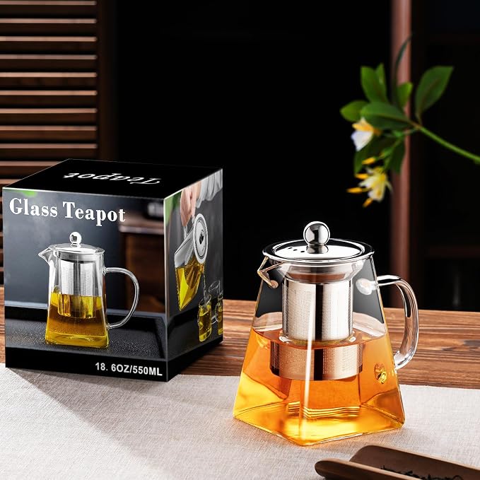 PARACITY Glass Teapot Stovetop 32OZ, Borosilicate Clear Tea Kettle with Removable 18/8 Stainless Steel Infuser, Teapot Blooming and Loose Leaf Tea Maker Tea Brewer (square, 550ML)