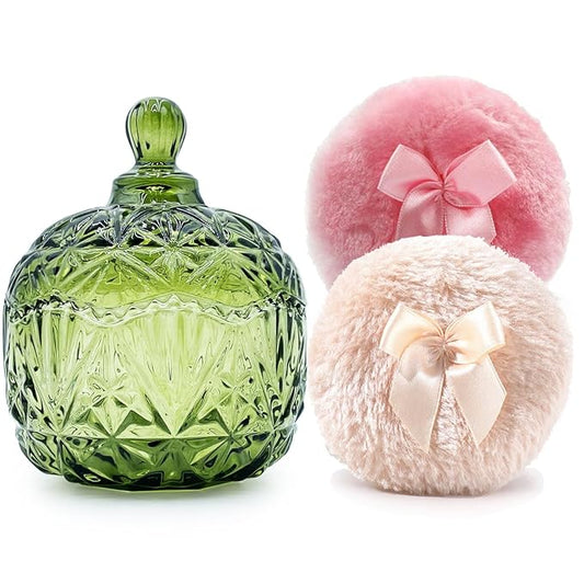 Luxury 4 Inch Glass Powder Container with 2 Soft 3.5" Puffs｜Non-Sealed Refillable Organizer for Body Powder, Makeup & Jewelry｜Setting Powder Applicator w/Loose Powder Storage(Crown-Olive Green)