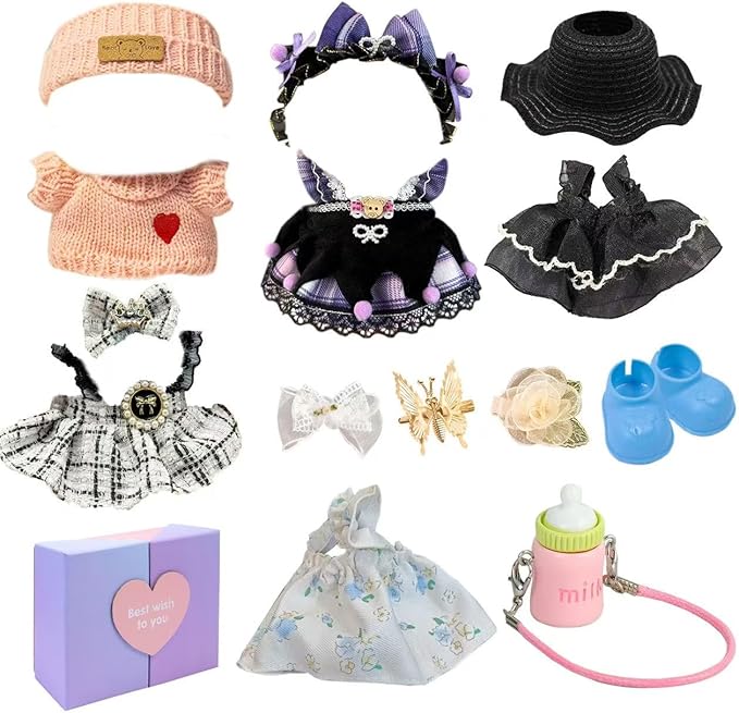 17cm Doll Clothes Set (No Doll) –5-Pack Handmade Outfits with Accessories for 6.7” Dolls, Premium Cotton Clothing with Gift-Ready Packaging, Perfect for Dress-Up and Collectors (FH4, 5)