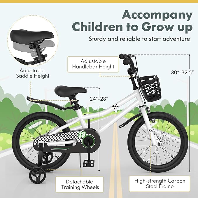 COSTWAY Kids Bike, 12 14 16 18 Inch Toddler Bike for Boys & Girls Aged 3-8 Years Old, Kids Bicycle w/Removable Training Wheels, Handbrake & Coaster Brake, Basket, Bell