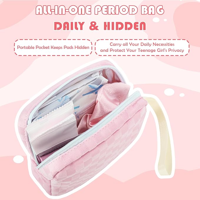 Likesing First Period Kit for Girls, 5.3" Checkered Tampon Holder for Purse, Menstrual Starter Tampon Bag Pad Pouch, Emergency Sanitary Napkin Storage Bag Teen Period Kit Gifts for Tweens