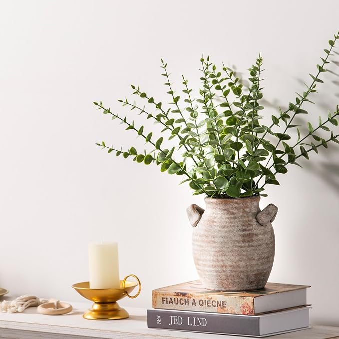 Vanselia Ceramic Flower Vase Home Decor - Farmhouse Table Vases with Handle Living Room Decoration Vintage Decorative Aesthetic for Shelf Coffee Dining Desk House Bookshelf Fireplace (6" Rustic)