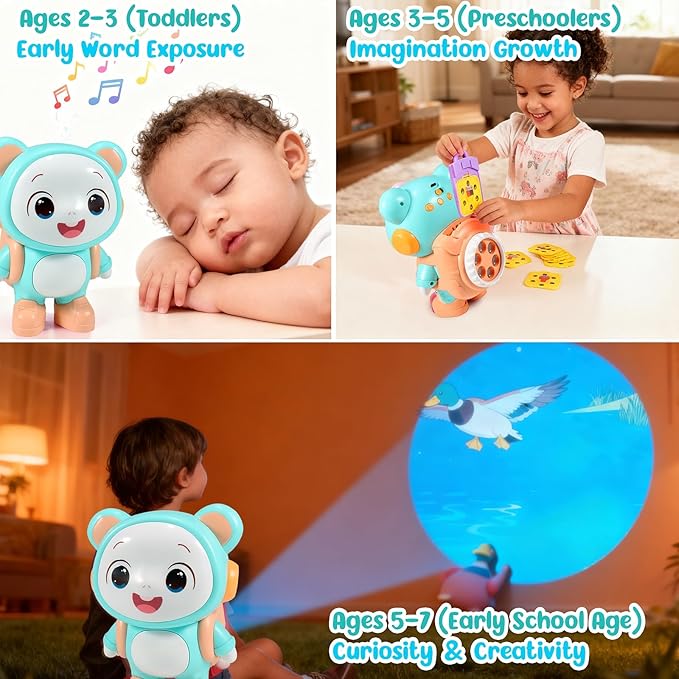 Little Bear Story Dream Projector, Interactive Play & Early Learning Toys for Kids, Includes 11 Fairy Tale Stories & 9 Word Cards, Night Light, Fun Bedtime Educational Gifts for Boys & Girls Ages 2-6
