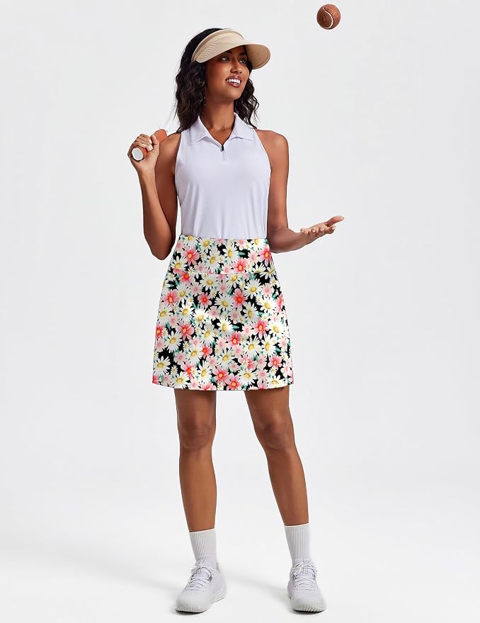 PINSPARK 19" Knee Length Skorts for Woman with Pockets UPF 50+ Golf Skirts | 4 Pockets, Built-in Shorts, High Waisted & Tummy Control, Moisture-wicking for Golf Athletic Tennis Workout Casual