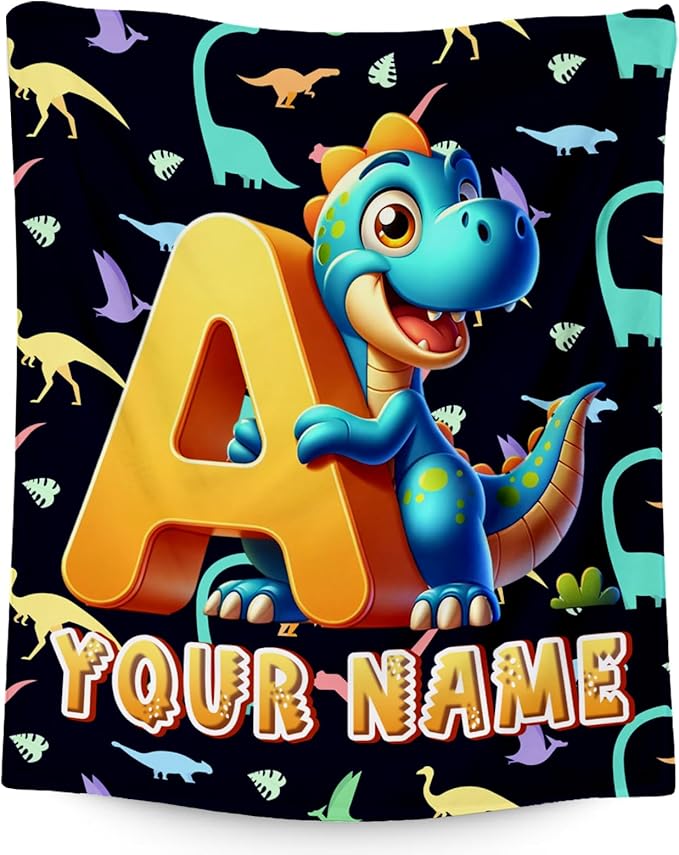 Custom Kids Blankets with Name - Dinosaur Blanket for Boys Girls - Personalized Initial Throw for Dinosaur Lovers - 40"x50" Cute Toddler Throws for Couch, Sofa - Monogram Gifts