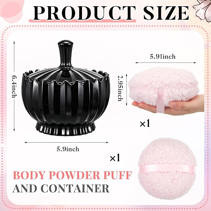 Tioncy 2 Pcs Extra Large Dusting Powder Puff and Container for Women-6'' Glass Crystal Dusting Powder Container Soft Washable Reusable Velour Face(Black,Scalloped)