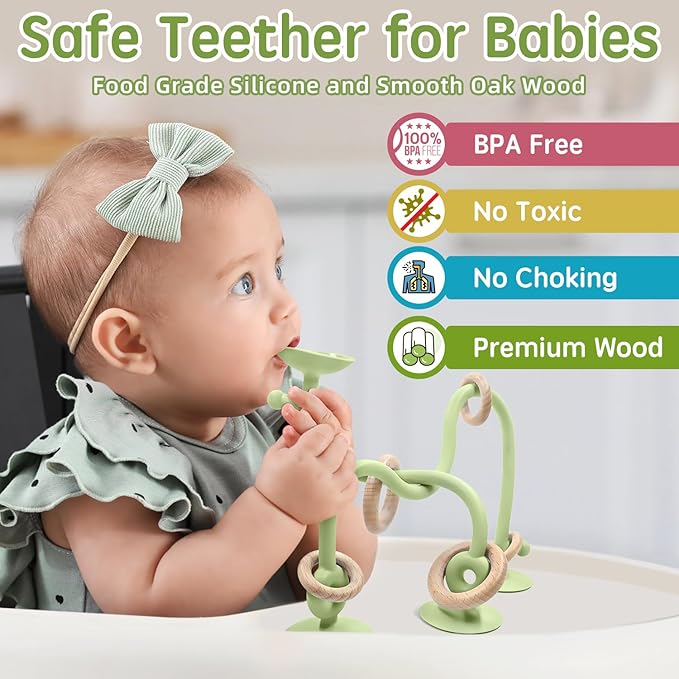 Baby Sensory High Chair Suction Toys for Infant Toddlers 12 18 Months, Food Grade Silicone String with Oak Loop Montessori Educational Parent-Child Baby Bath Toy Gift for Birthday Christmas(Green)