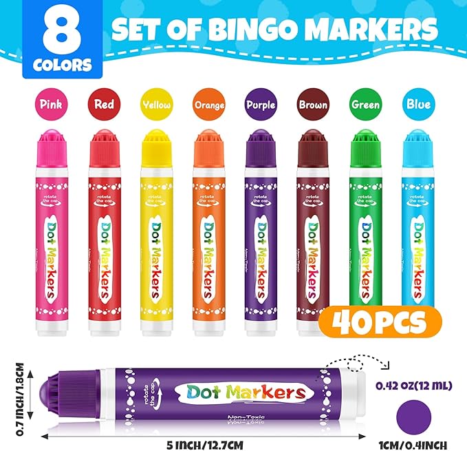 FUMILE 40 Pcs Dot Markers for Toddlers 1-3, 8 Colors Bingo Daubers Bulk for Toddlers,Washable Bingo Markers,Bingo Supplies,Dot Paint for Painting Supplies Drawing Coloring and Art Crafts