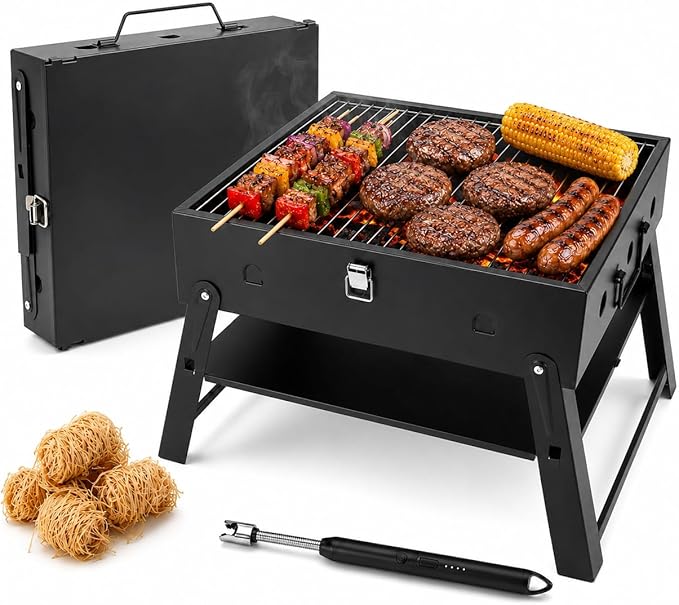 Portable BBQ Charcoal Camping Grill: Tabletop Folding Barbecue Grills | with Fire Starter Kit for Outdoor Cooking, Fathers Day Birthday Grilling Gift for Men Dad Husband
