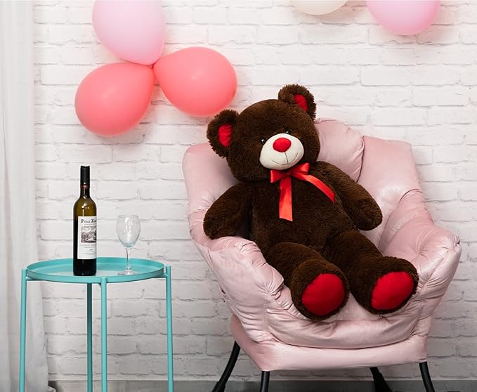 Big Teddy Bear Stuffed Animal Giant Teddy Bear Plush with Red Ribbon Bow Plush Toy Gift for Girlfriend Bride 36 inch Chocolate