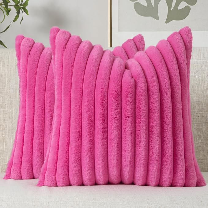 MIULEE Faux Fur Decorative Throw Pillow Covers 20x20 Set of 2 Hot Pink | Retro Vintage Boho Soft Plush Couch Pillows, Cozy Fluffy Cushion Covers for Sofa Bed Living Room Home Decor