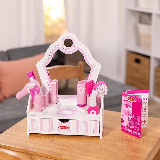 Melissa & Doug Wooden Beauty Salon Play Set With Vanity and Accessories (18 pcs) - FSC Certified