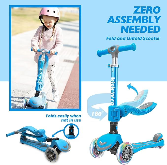 Kicknroll 3-Wheel Scooter for Kids Ages 3-12 with Light-Up Wheels, Folding Design, Adjustable Height, Extra Wide Deck (110 lbs Max)