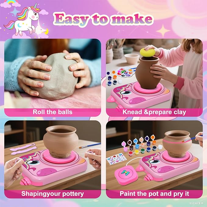 Pottery Wheel for Kids, Girls Arts and Crafts Toys for Kids Ages 8-12,Pottery Craft Kit with 3 Pack Air-Dry Clay, Art Supplies for Kids Toys Girls Birthday Gift for 6 7 8 9 10 11 12+ (Pink)