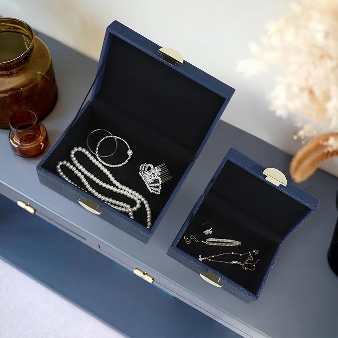 HofferRuffer Faux Leather Jewelry Boxes, Decorative Boxes Storage Accessory Organizer with Gold Hardware Decor, Classic Vegan Leather Set of 2 Pieces (Navy Blue)
