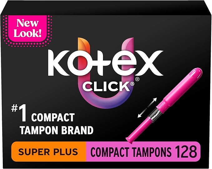 U by Kotex Click Compact Tampons, Super Plus Absorbency, Unscented, 128 Count (8 Packs of 16) (Packaging May Vary)