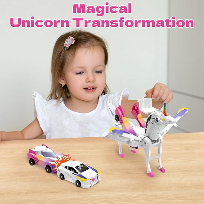 Unicorn Collision Transforming Cars Toy for Girls Boys, 2 Magnetic Cars Transform into Magical Unicorn Collision Transforming Robot Cars Toy Deformation Christmas Birthday Gifts for Kids Pink