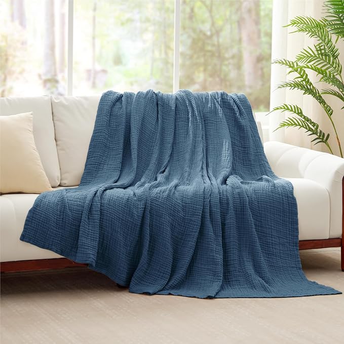 100% Cotton Muslin Blanket King 108" x 90", 6 Layers Breathable and Lightweight Cotton Throw Blanket for Bed, Soft Quilt Bedspread Coverlet, Gauze Blanket for Adults All Season, Dark Blue