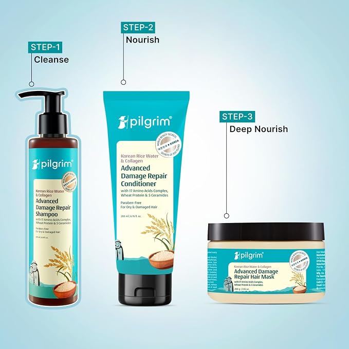 Pilgrim Advanced Damage Repair Shampoo | Hydrates & Strengthens Dry, Damaged Hair | Korean Rice Water, Collagen, 17 Amino Acids, Wheat Protein & 5 Ceramides | 13.53 Fl Oz (400ml)