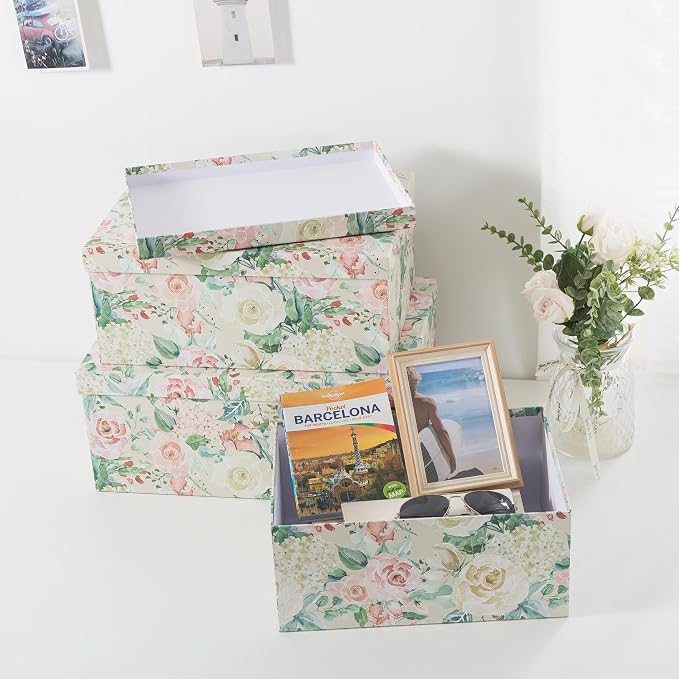 Soul & Lane - Blooming Rose Decorative Storage Boxes with Lids, Set of 3 | Large Nesting Cardboard Keepsake Boxes for Photos and Memories, Floral Photo Storage Containers for Home Decor