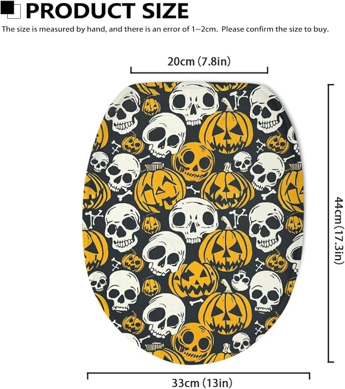 Toilet Seat Cover, Machine Washable Reusable Toilet Seat Cover, Suitable for Most Round, Elongated and Oblong Toilet Lid Cover-Halloween Skull Pumpkins