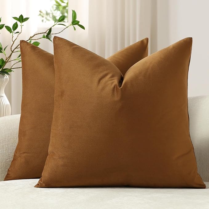 Throw Pillow Covers 22x22 Golden Brown: Pack of 2 Cozy Soft Velvet Square Modern Luxury Decorative Throw Pillow Cases for Sofa Couch Living Room Bed Home Decor