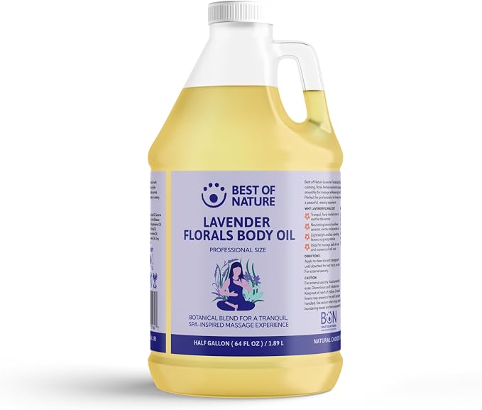 Best of Nature Lavender Florals Aromatherapy Massage & Body Oil - Tranquil, Soothing Blend with Lavender, Sage, Rosewood & Palmarosa, Ideal for Relaxing Massage or Daily Moisturizing (64 Fl Oz)