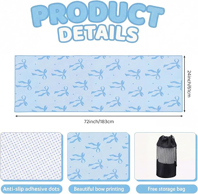 Breling Blue Bow Yoga Mat Towel with Grip Dot Preppy Coquette Bow Non Slip Ultra Absorbent Soft Microfiber Towel Without Hot Yoga Mat 72 x 24 Inch for Pilates Fitness Gym Women Birthday Gifts