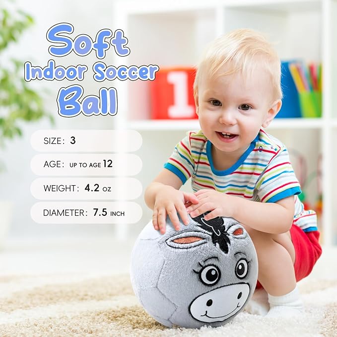 Silent Indoor Soccer Balls for Toddlers, Inflatable Soft Plush Baby Toddler Soccer Ball Toys Gifts for 0+Year Old Boy Girl First Birthday Gift (Donkey, Pump Include)