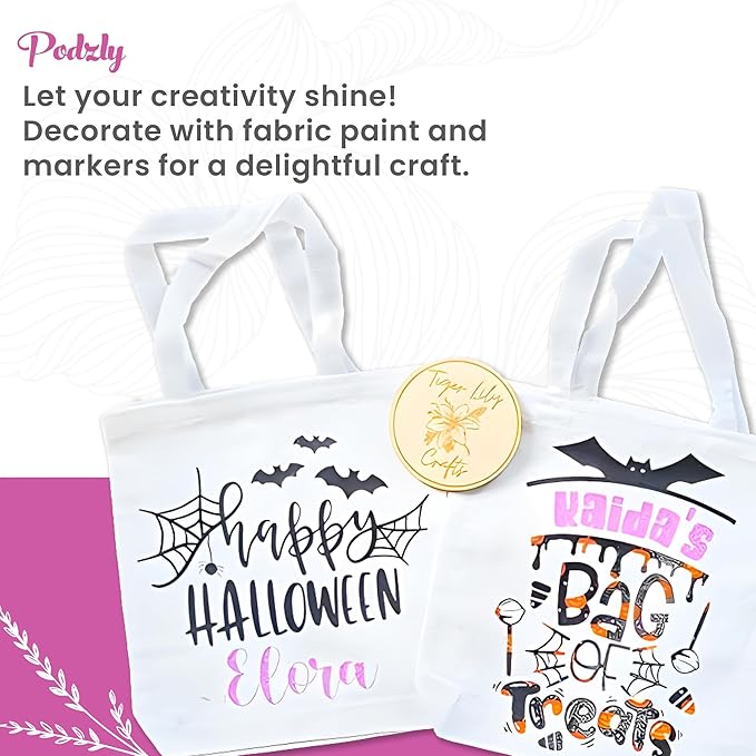 Podzly DIY Blank Canvas Tote Bags - Set of 12 Small 12" x 10" White Plain Totes for Crafting and Personalizing