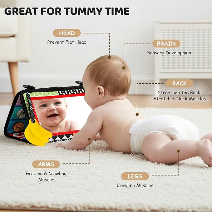 3PCS High Contrast Black & White Baby Toys - Tummy Time Mirror Infant Toys with Crinkle Cloth and Teether, Visual Stimulation Sensory Books for Newborns 0 3 6 12 Months, Shower Gift, Stocking Stuffers