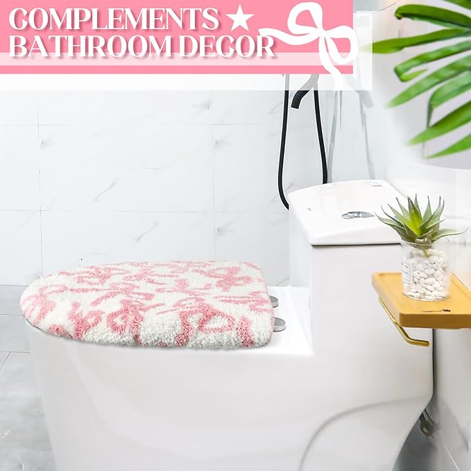 Pink Bow Toilet Lid Cover Washable Coquette Cute Plush Toilet Cover for Bathroom Decor Soft Microfiber 17.5 x 15 Inch Non Slip Rubber Backing Fits Most Round, Elongated