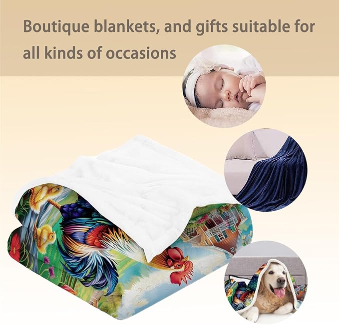 Chicken Farmhouse Blanket, Soft Warm Lightweight Animal Flannel Throw Blanket for Couch, Bed, Travel, Home Decor, Cozy Fuzzy Blankets for Women Girls 80×60 in