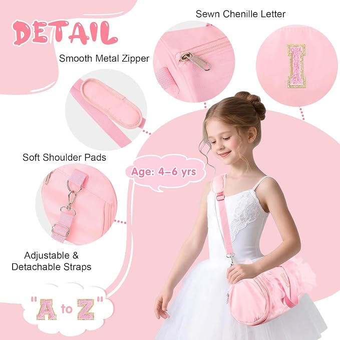 Personalized Initial Dance Bag for Girls 4-6, Small Lace Gym Sport Yoga Cheer Dance Bags Gift for Teen Girls, Cute Letter Kids Ballet Bag Toddler Travel Duffel Tote with Adjustable Straps(Pink-I)